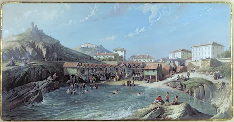 Le début de la baignade en mer dans le vieux port de Biarritz, 1858